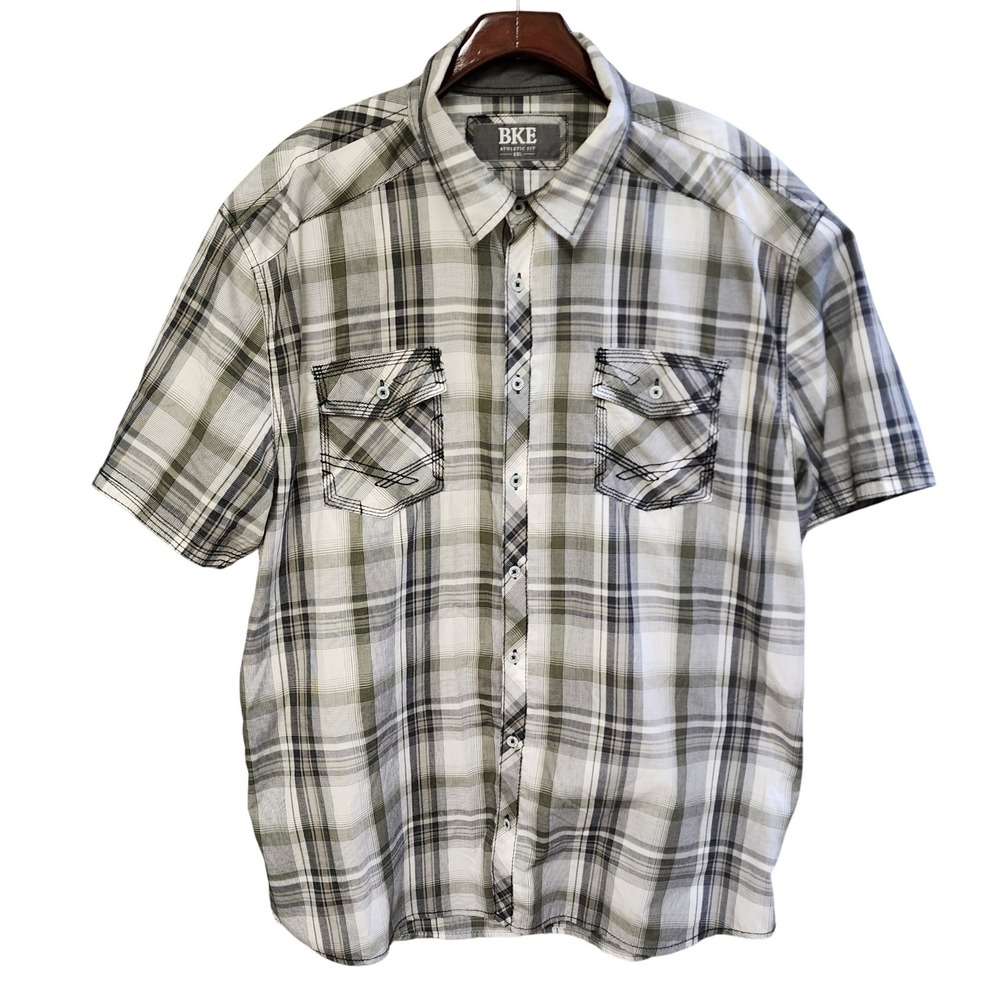 BKE Mens XXL Athletic Fit Short Sleeve Plaid Button Down Shirt Olive Grey White